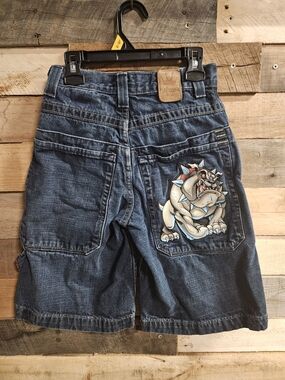 Vintage JNCO Kids Denim Shorts Size 10 Embroidered Jorts Bulldog Pocket Patch